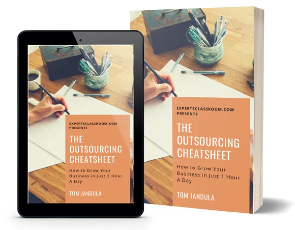 An iPad and a real book with text that says The Outsourcing Cheatsheet and Tom Jandula